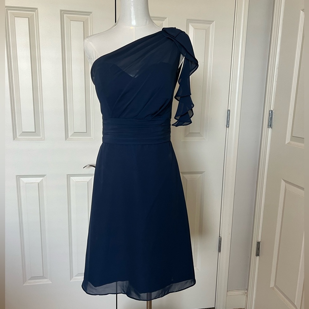 Navy knee length blue one shoulder dress